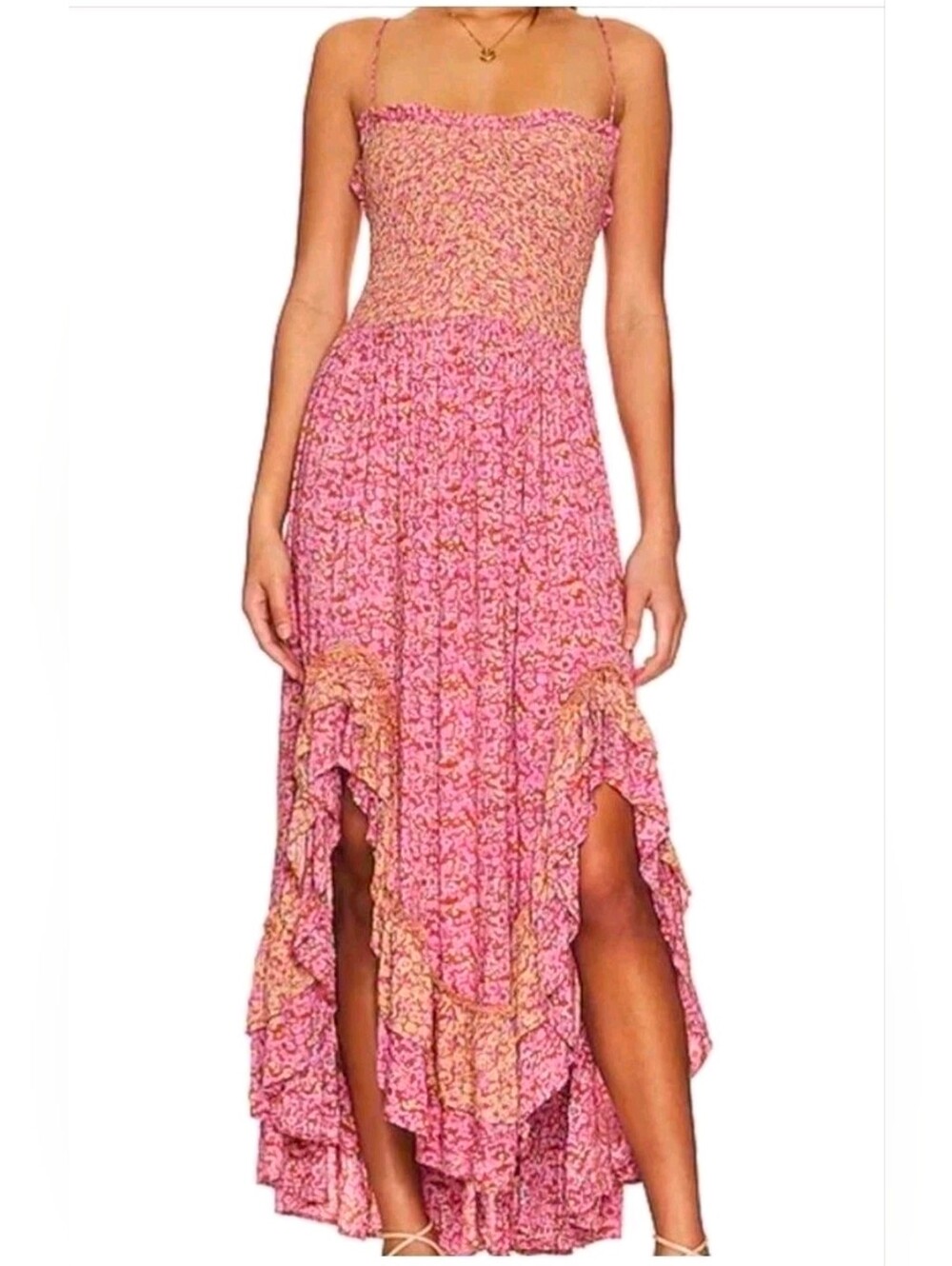 Free People M One I Love Pink Floral Maxi Sun Dress Strappy Smocked Ruffle Boho